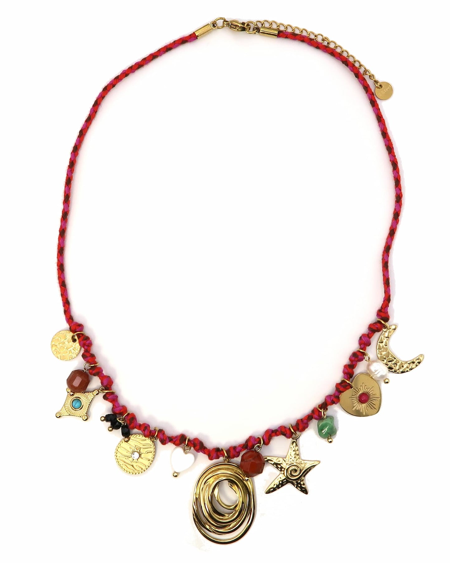 YUNA - Geflochtene Boho Halskette mit Edelstahl und Naturstein Charms