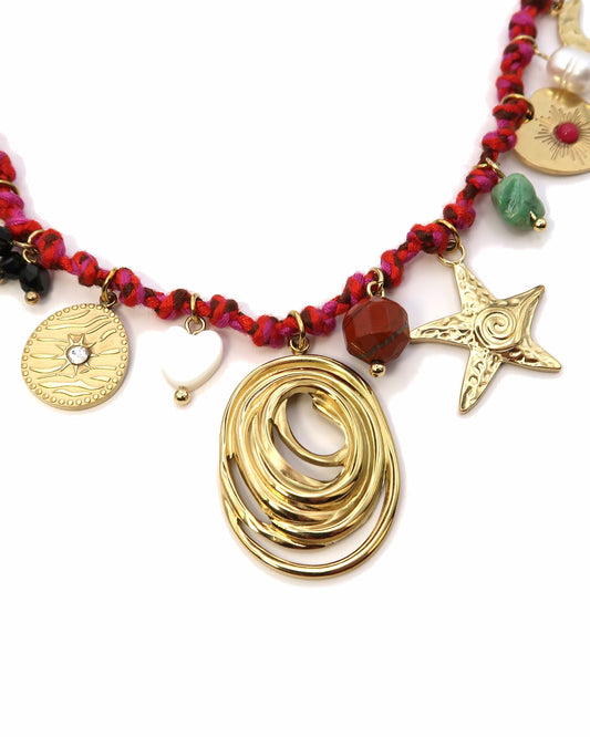 YUNA - Geflochtene Boho Halskette mit Edelstahl und Naturstein Charms