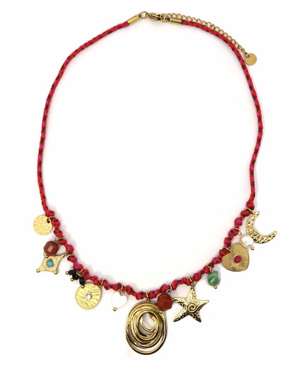 YUNA - Geflochtene Boho Halskette mit Edelstahl und Naturstein Charms