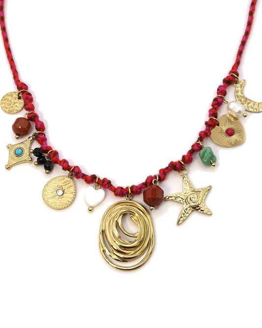 YUNA - Geflochtene Boho Halskette mit Edelstahl und Naturstein Charms